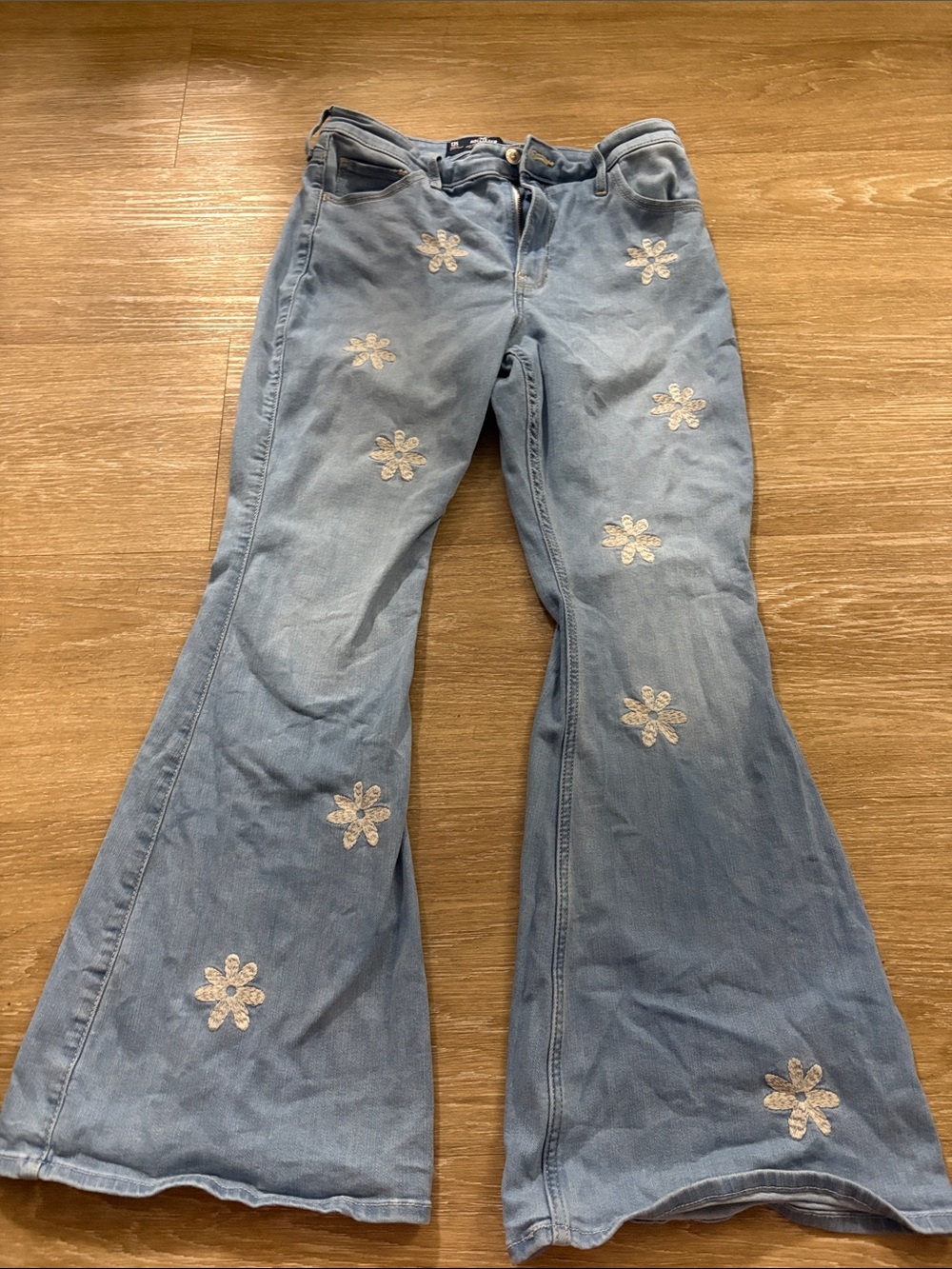 Hollister Light Blue Flared Jeans with White Daisy Embroidery